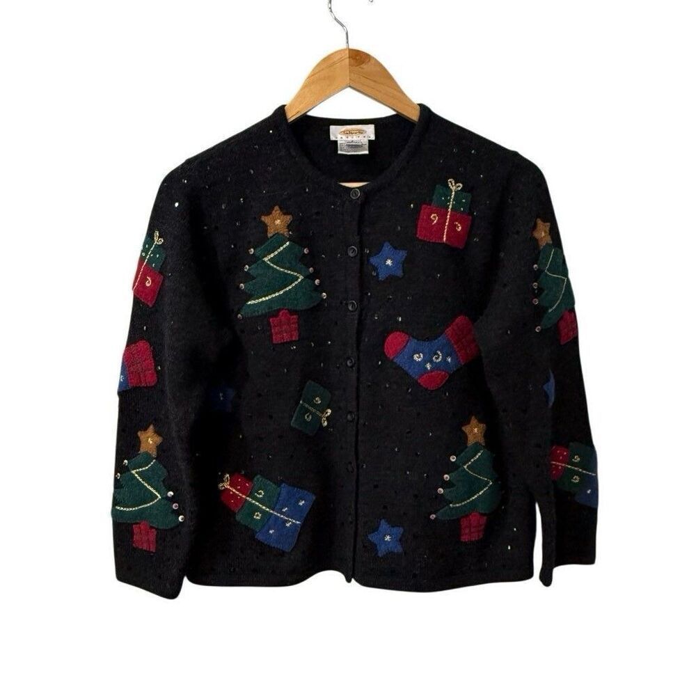 VTG Talbots Christmas Trees Print Wool Sweater Cardigan Small Sequence Appliqué